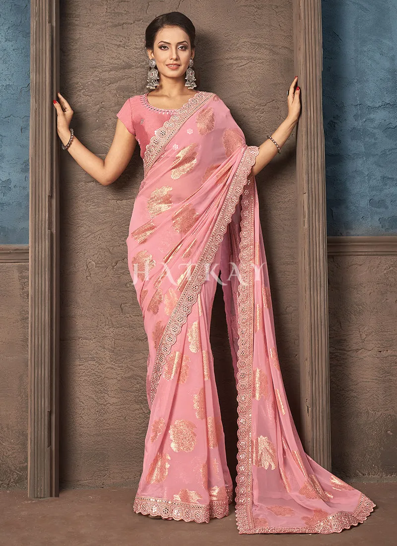 Soft Pink Mirror Work Embroidery Party Wear Saree