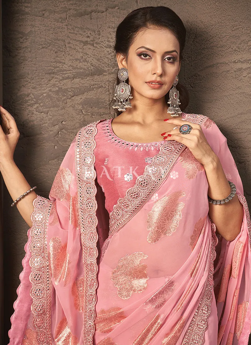 Soft Pink Mirror Work Embroidery Party Wear Saree