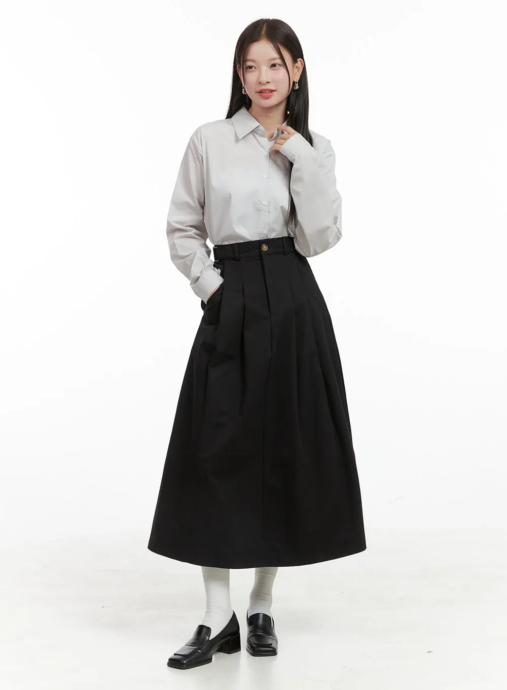 Solid Pintuck Cotton Maxi Skirt OG419