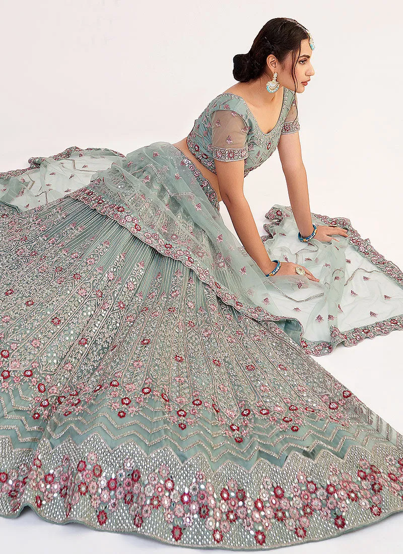 Teal Blue Mirror Embroidered Soft Net Wedding Lehenga Choli