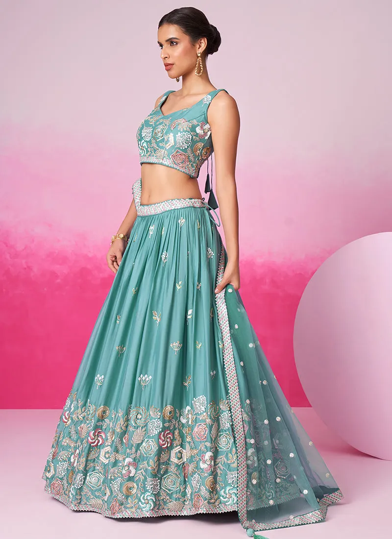 Teal Blue Multi Embroidered Bridal Lehenga Choli