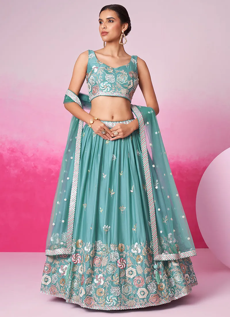 Teal Blue Multi Embroidered Bridal Lehenga Choli