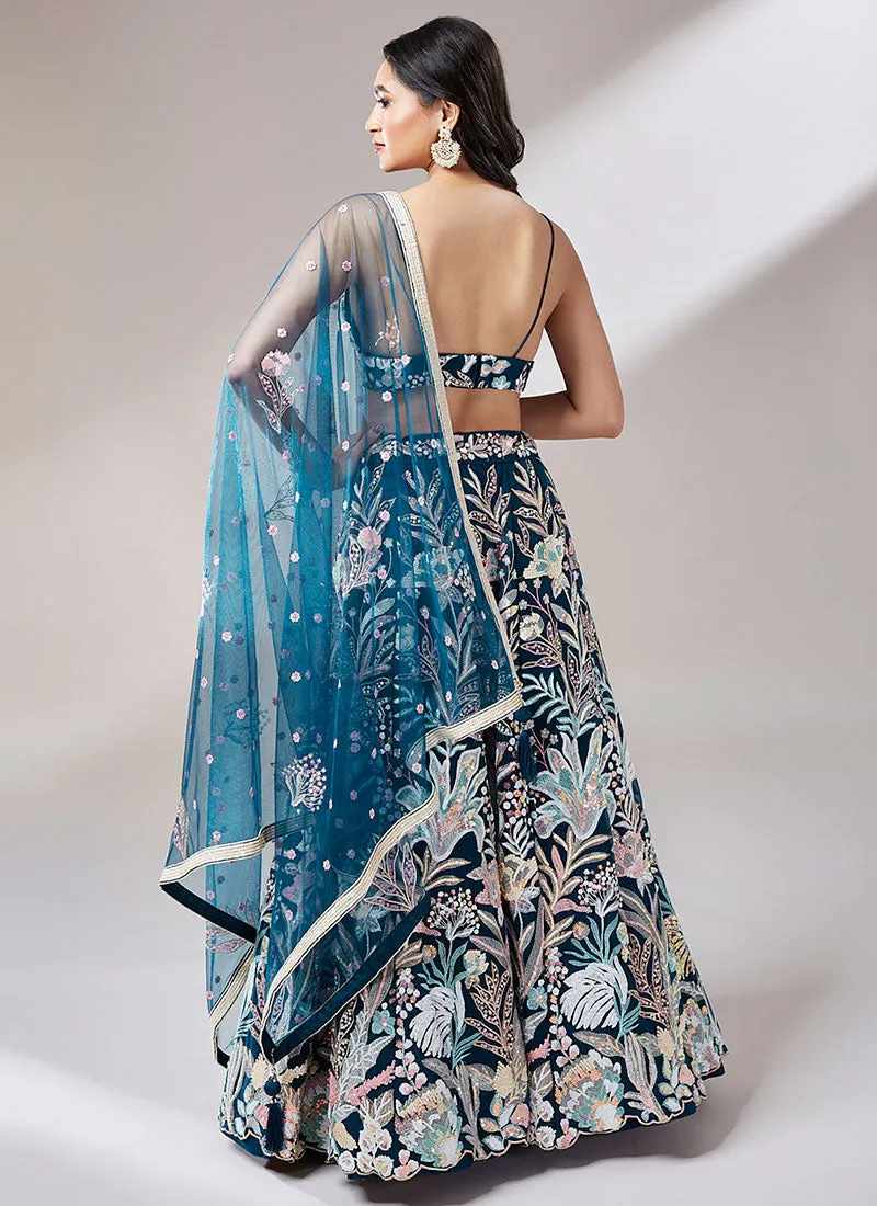 Teal Blue Multi Embroidery Lehenga Choli And Dupatta