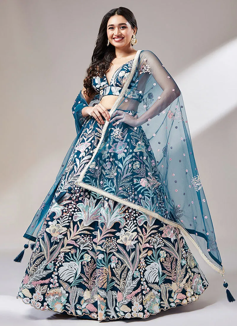 Teal Blue Multi Embroidery Lehenga Choli And Dupatta