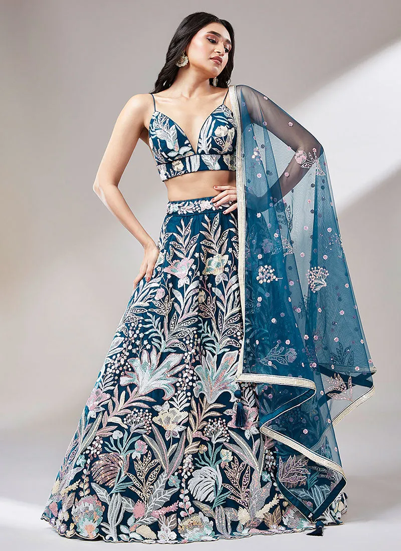 Teal Blue Multi Embroidery Lehenga Choli And Dupatta