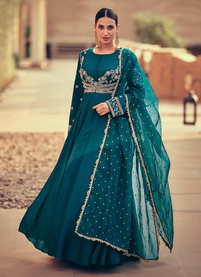 Turquoise Embroidery Anarkali Gown