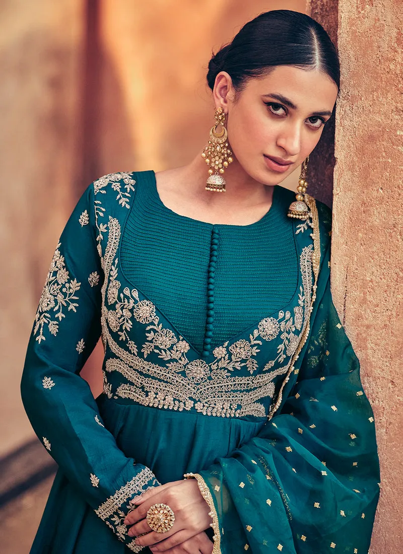 Turquoise Embroidery Anarkali Gown