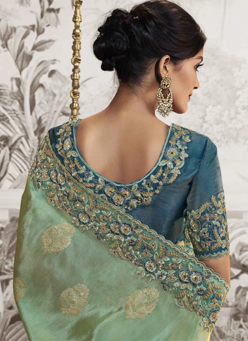 Turquoise Green Sequence Embroidery Wedding Saree