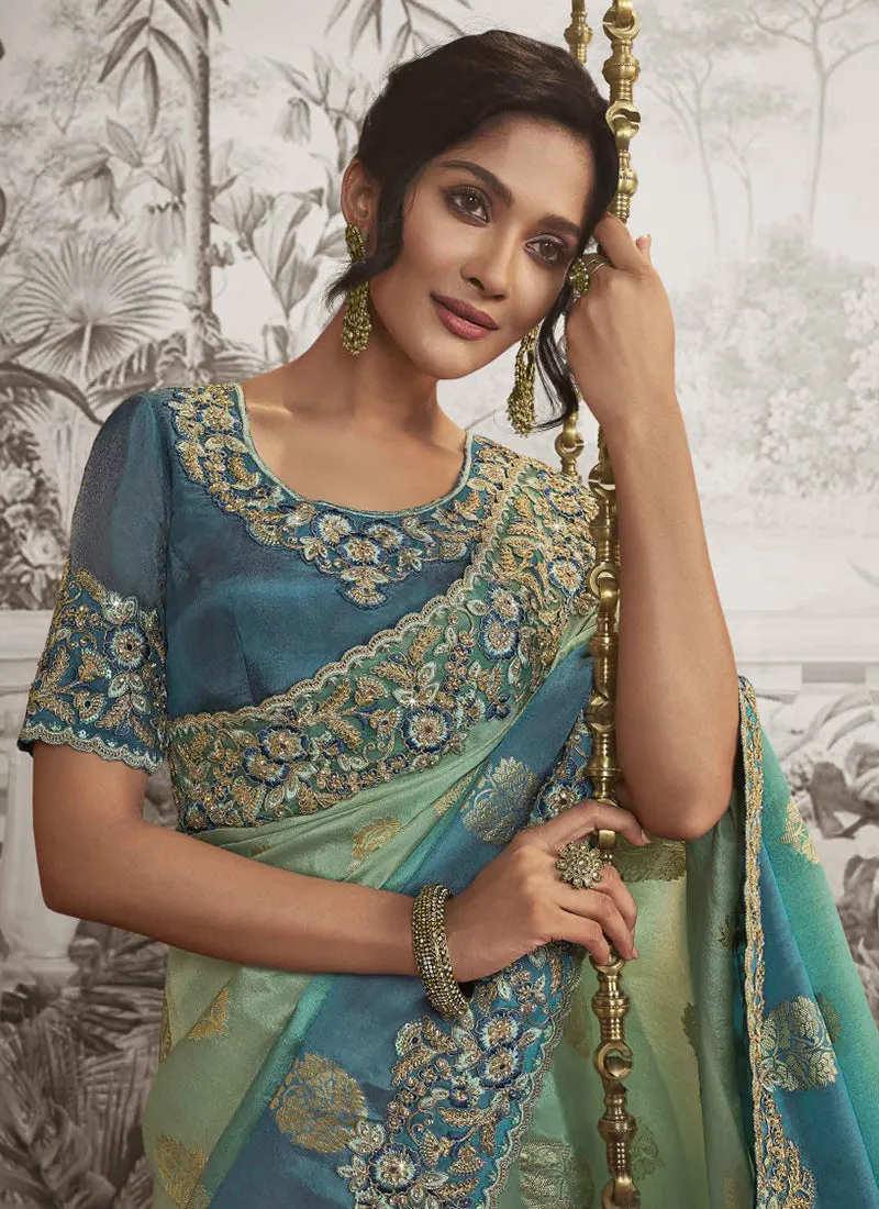 Turquoise Green Sequence Embroidery Wedding Saree