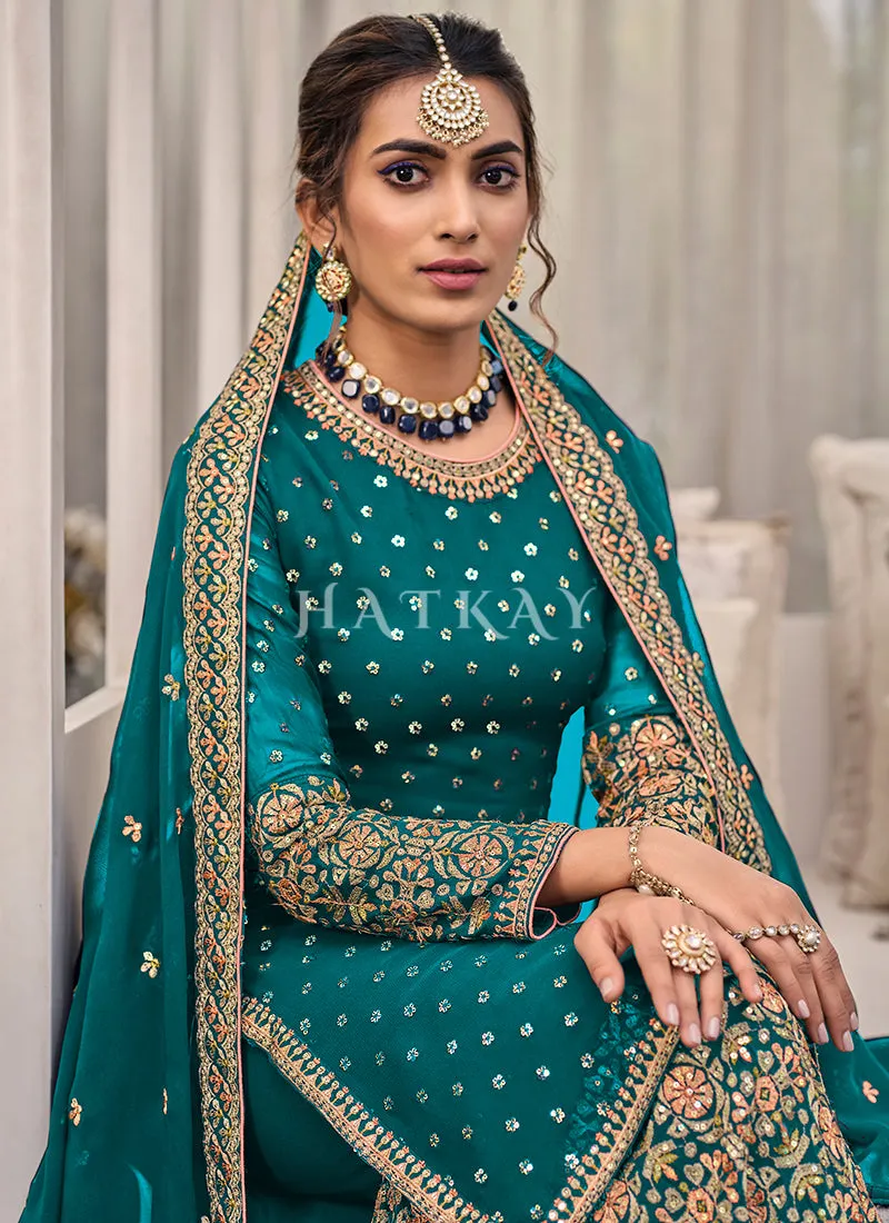 Turquoise Multi Embroidered Traditional Gharara Suit