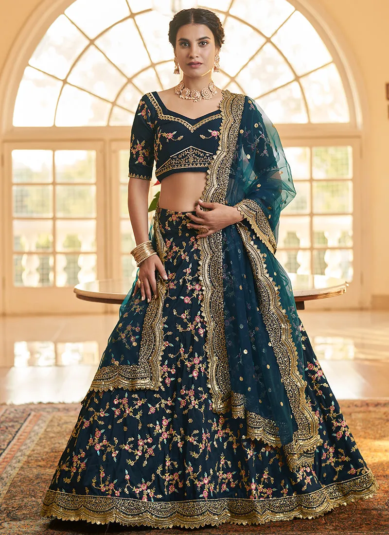 Turquoise Multi Zari Embroidery Wedding Silk Lehenga