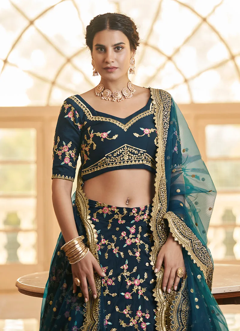 Turquoise Multi Zari Embroidery Wedding Silk Lehenga