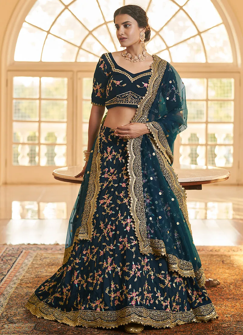 Turquoise Multi Zari Embroidery Wedding Silk Lehenga