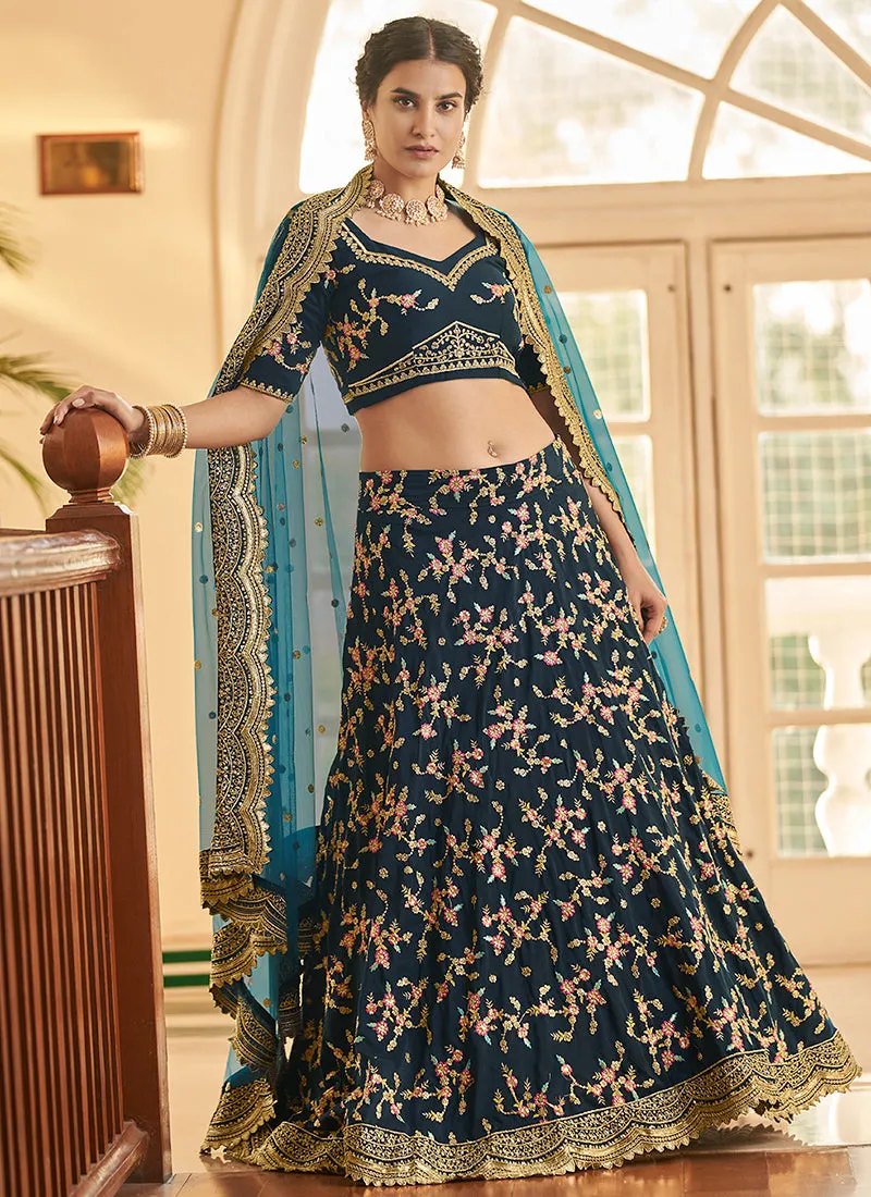 Turquoise Multi Zari Embroidery Wedding Silk Lehenga