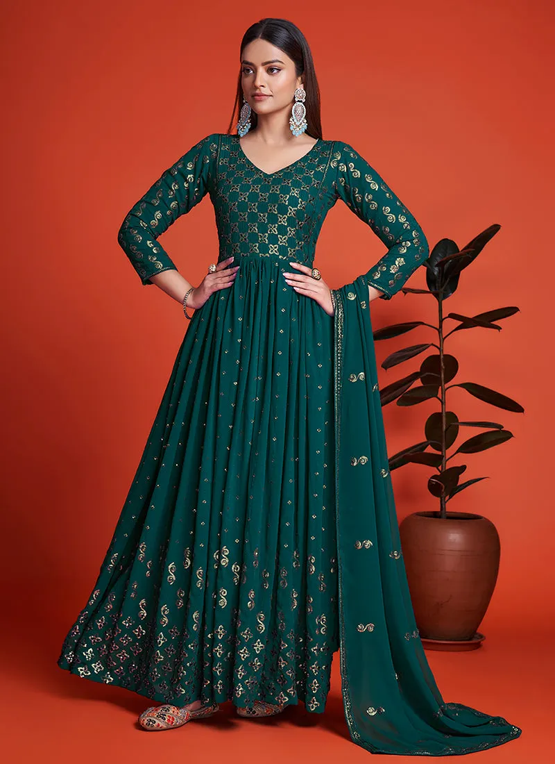 Turquoise Sequence Embroidery Traditional Anarkali Gown