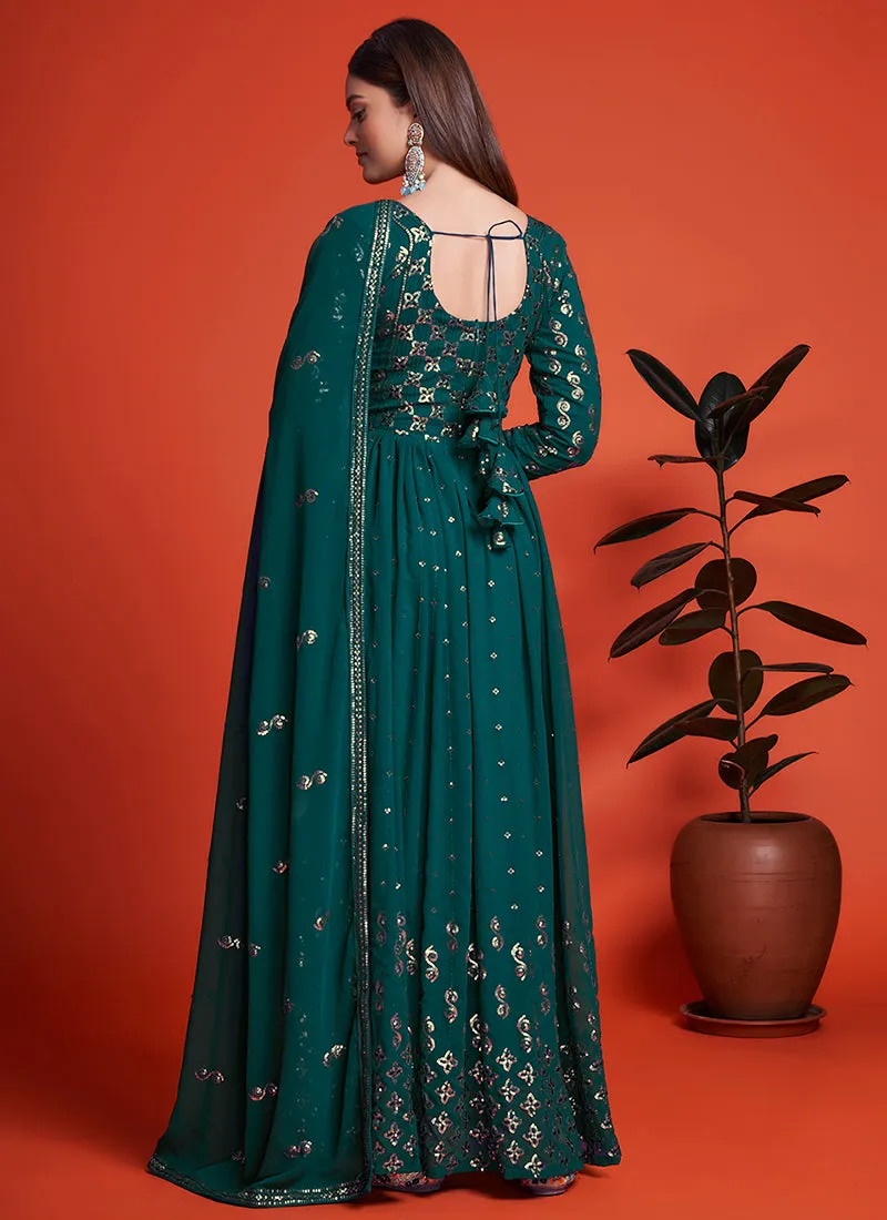 Turquoise Sequence Embroidery Traditional Anarkali Gown