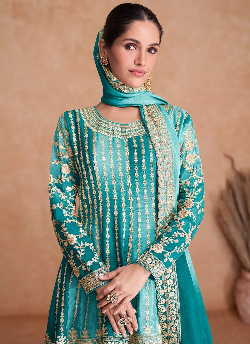 Turquoise Traditional Embroidery Wedding Gharara Suit