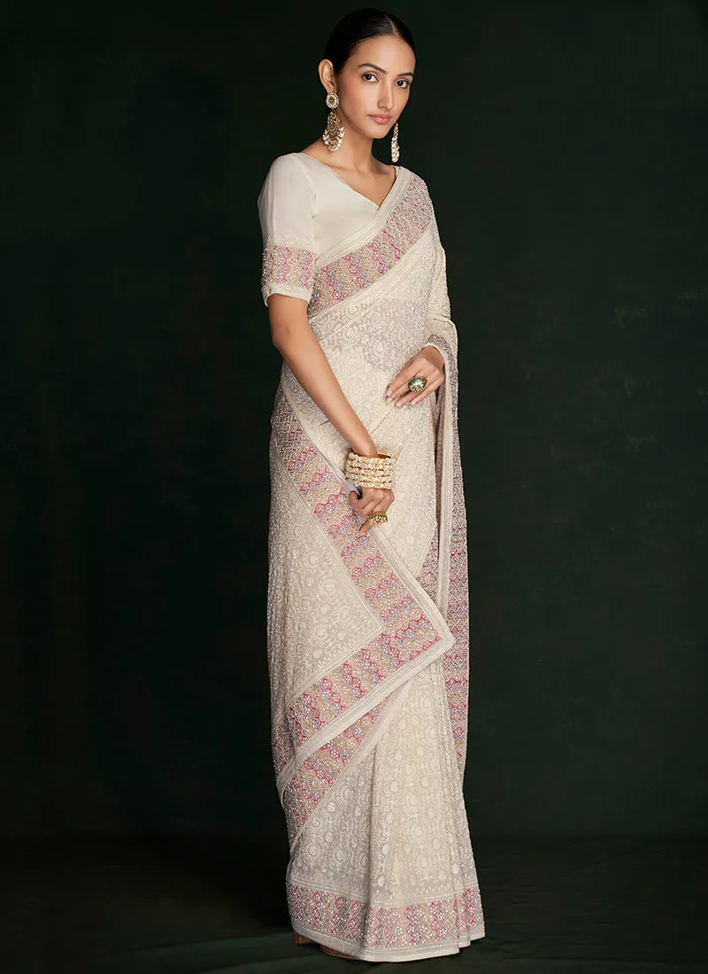 White And Pink Embroidery Lucknowi Saree