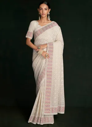 White And Pink Embroidery Lucknowi Saree