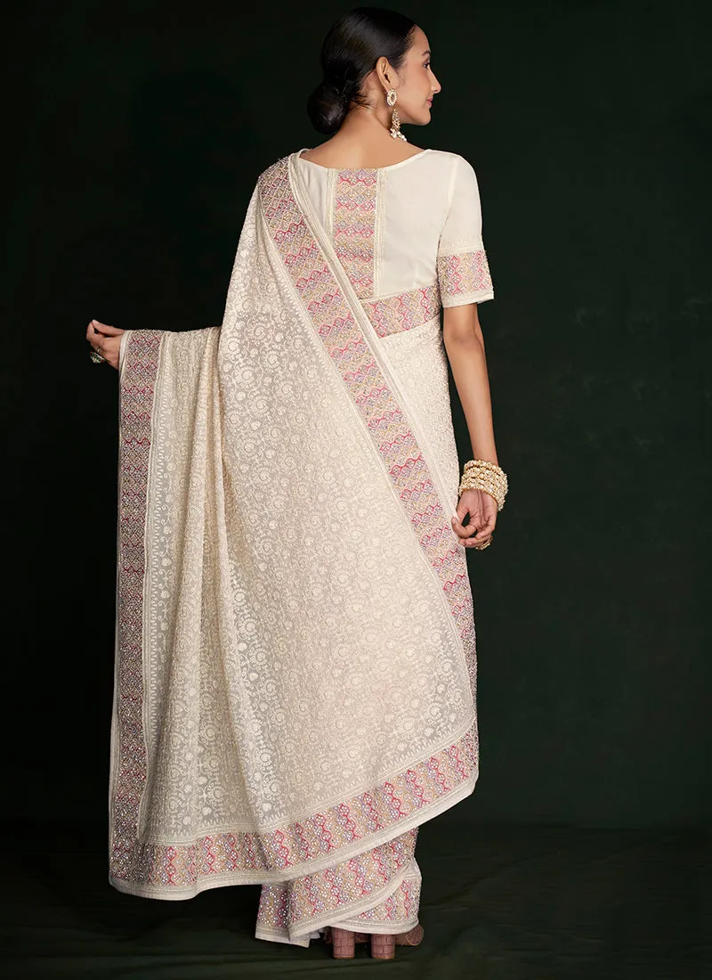 White And Pink Embroidery Lucknowi Saree