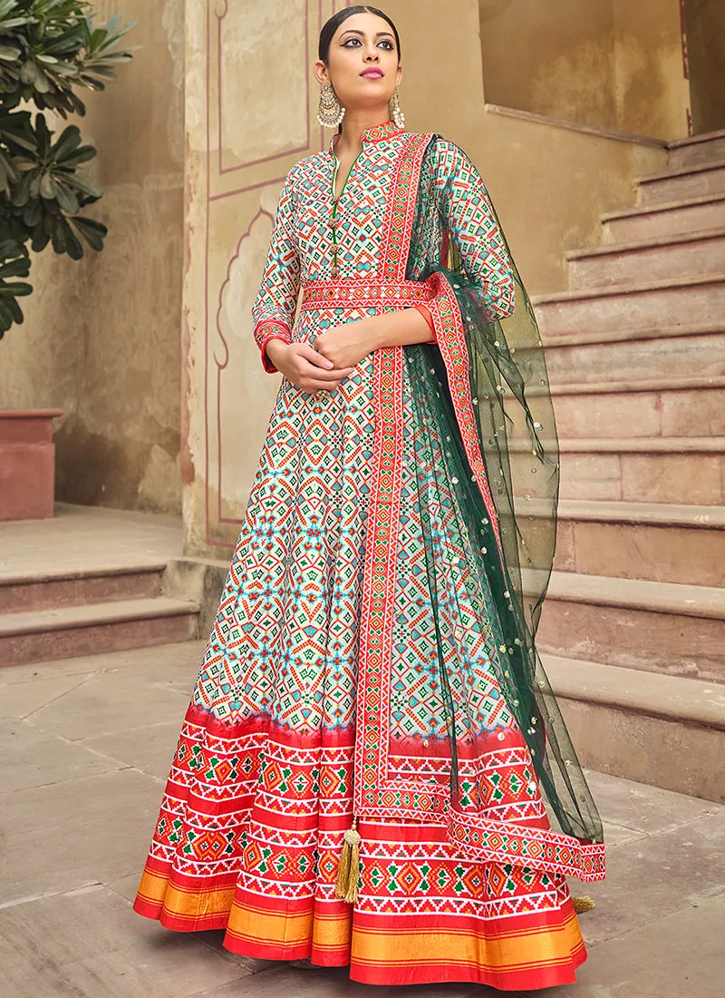 White Multicoloured Printed Silk Designer Anarkali Gown