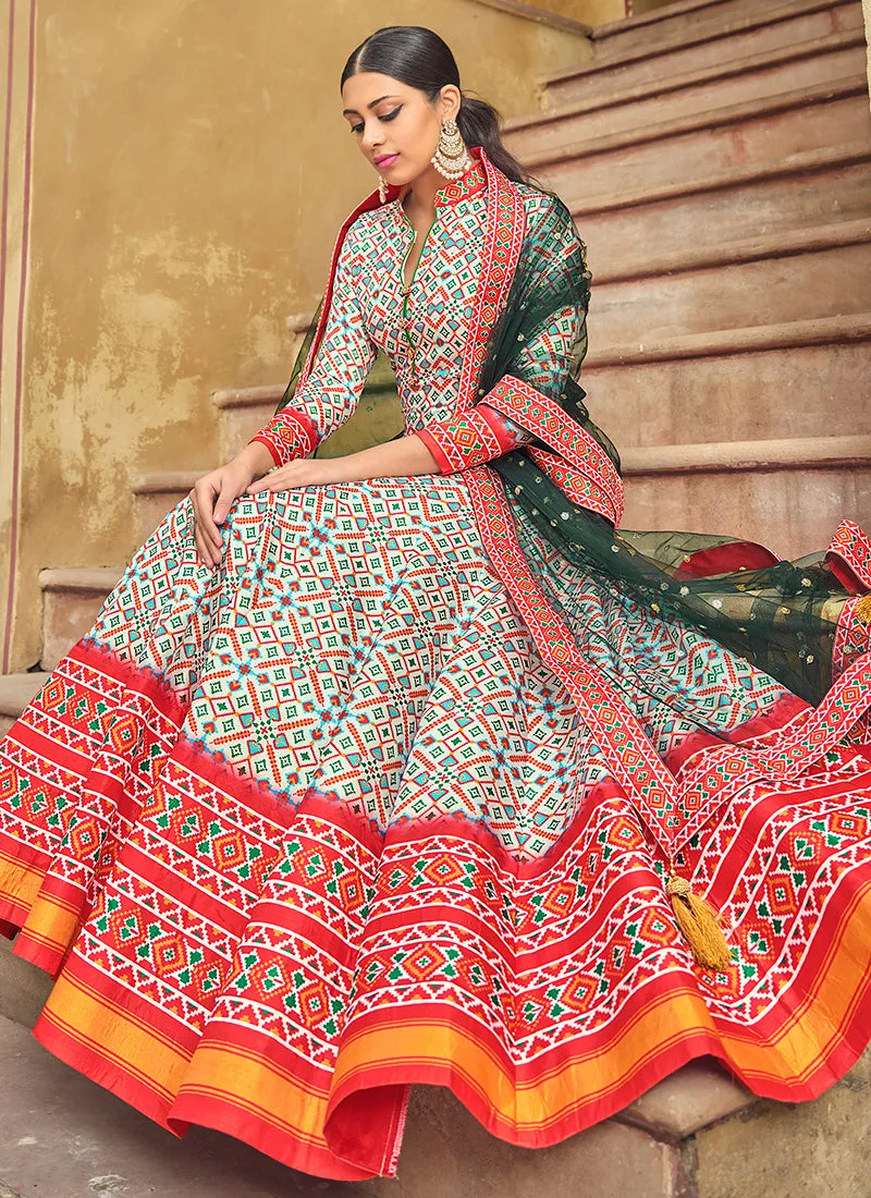 White Multicoloured Printed Silk Designer Anarkali Gown