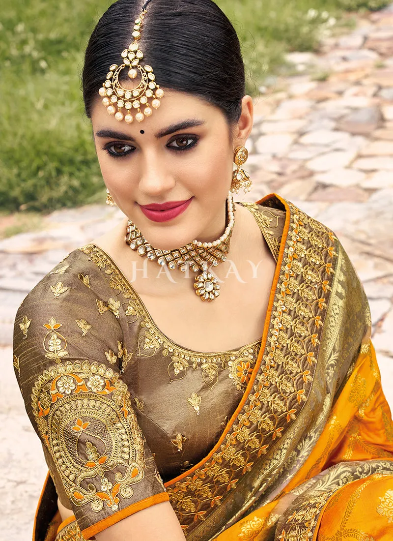 Yellow And Brown Designer Wedding Saree