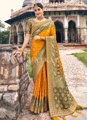 Yellow And Brown Designer Wedding Saree