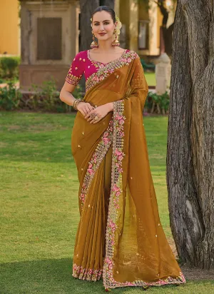 Yellow And Pink Multi Embroidery Wedding Organza Silk Saree