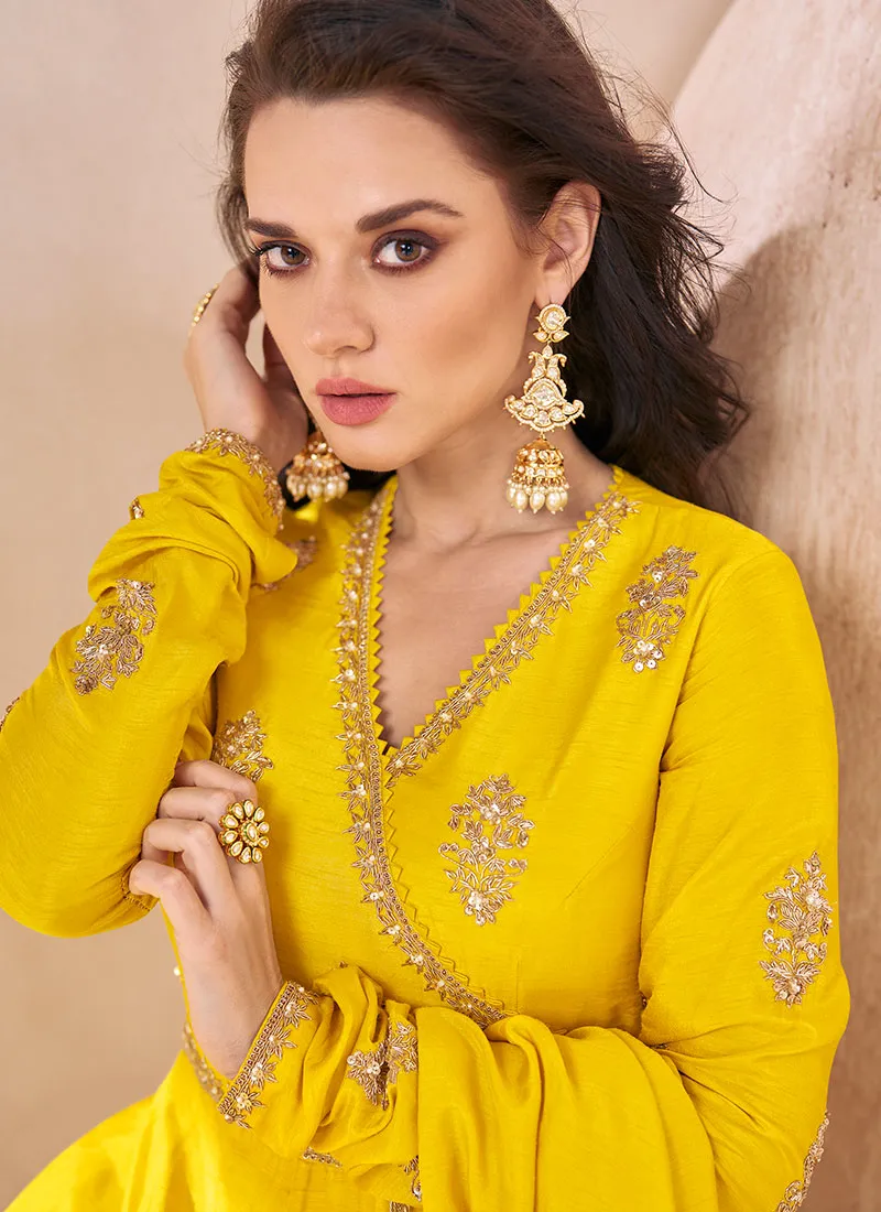 Yellow Cording Embroidery Silk Anarkali Gown With Dupatta