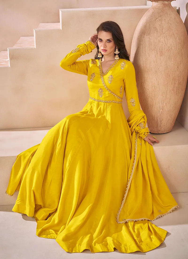 Yellow Cording Embroidery Silk Anarkali Gown With Dupatta