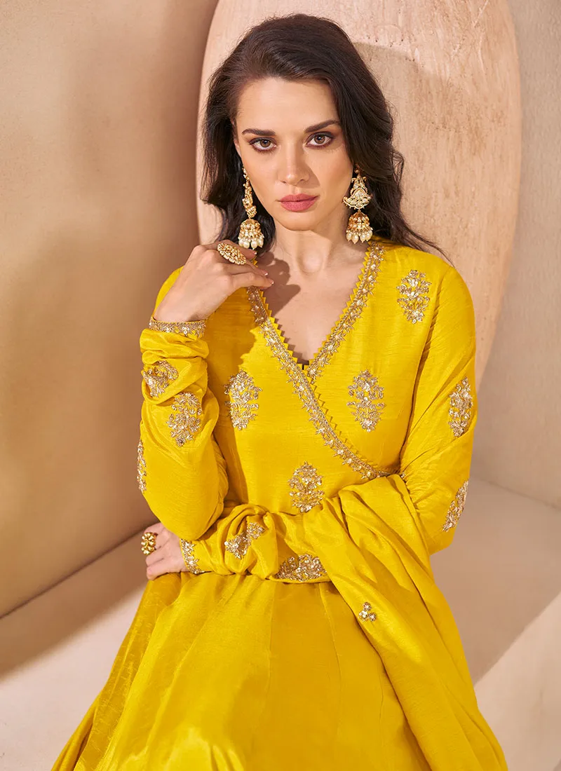 Yellow Cording Embroidery Silk Anarkali Gown With Dupatta