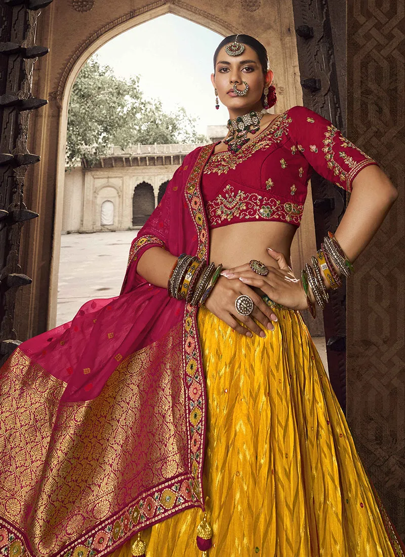 Yellow Crimson Embroidery Viscose Lehenga Choli