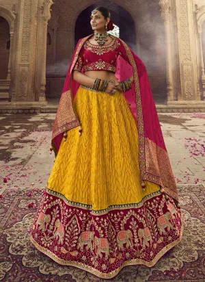 Yellow Crimson Embroidery Viscose Lehenga Choli