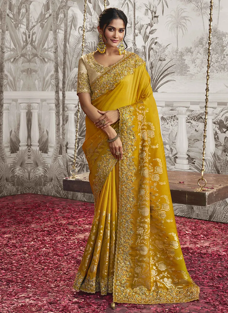 Yellow Golden Sequence Embroidery Wedding Saree