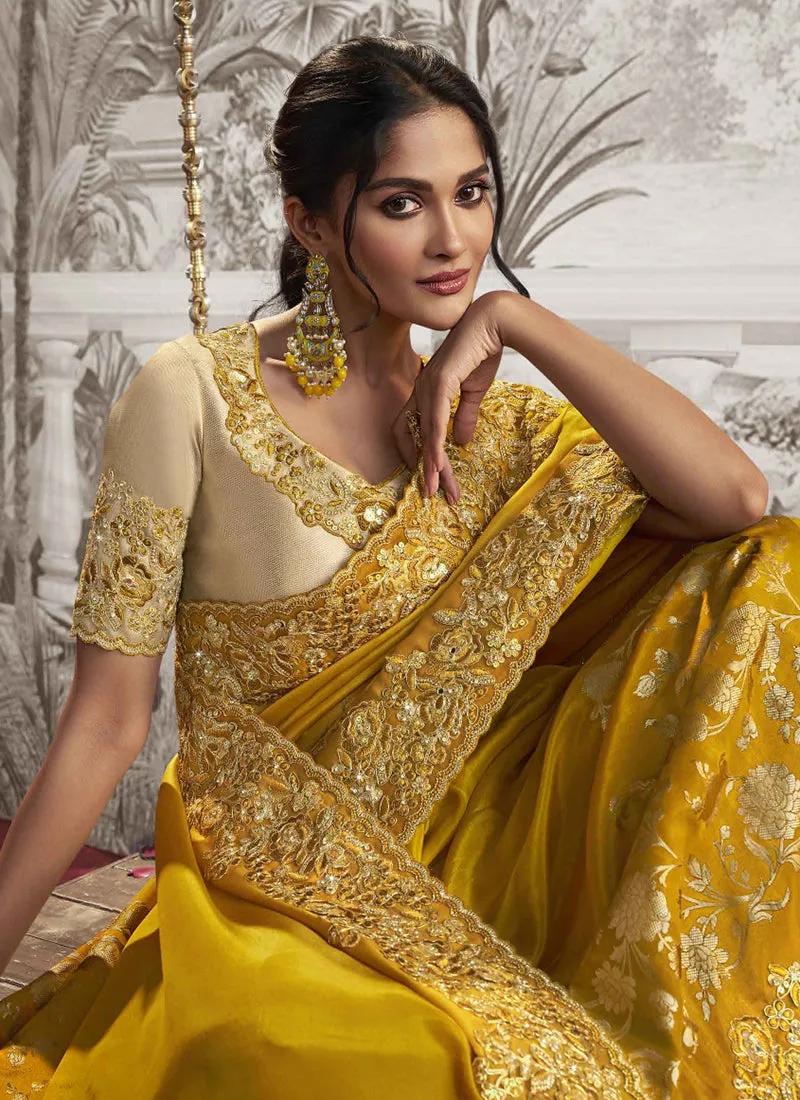 Yellow Golden Sequence Embroidery Wedding Saree