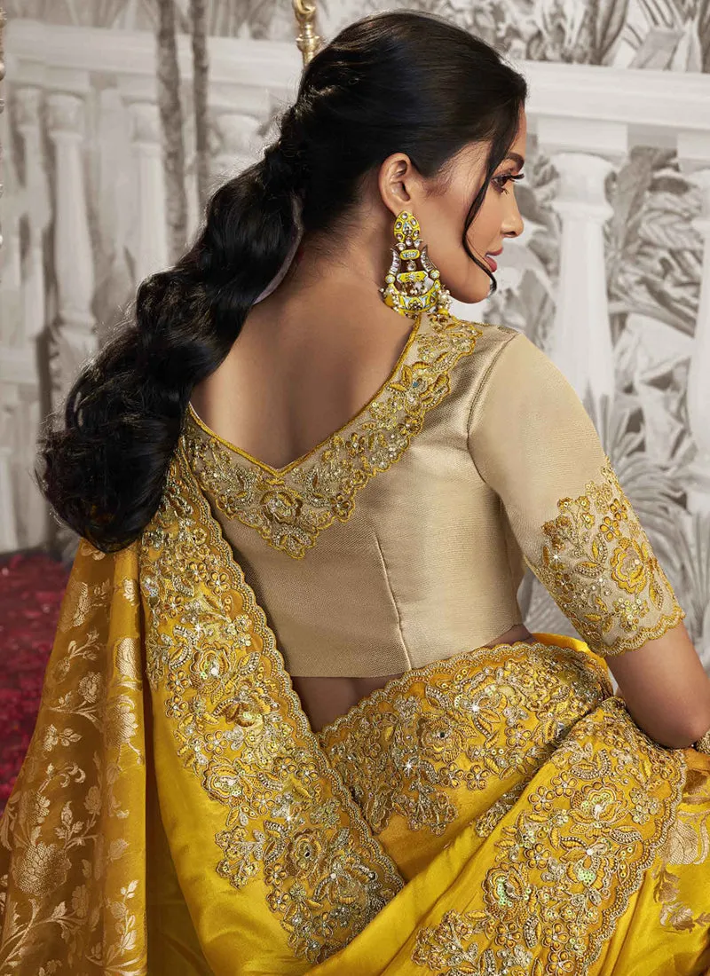 Yellow Golden Sequence Embroidery Wedding Saree