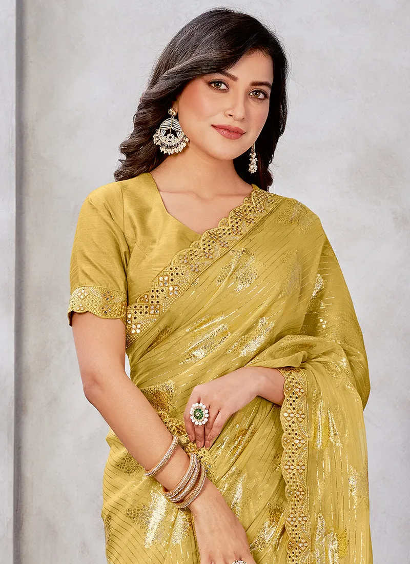 Yellow Mirror Work Embroidery Georgette Jacquard Saree