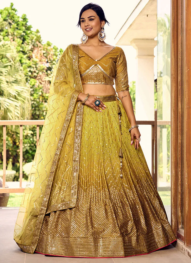 Yellow Ombré Sequence And Thread Embroidery Wedding Lehenga