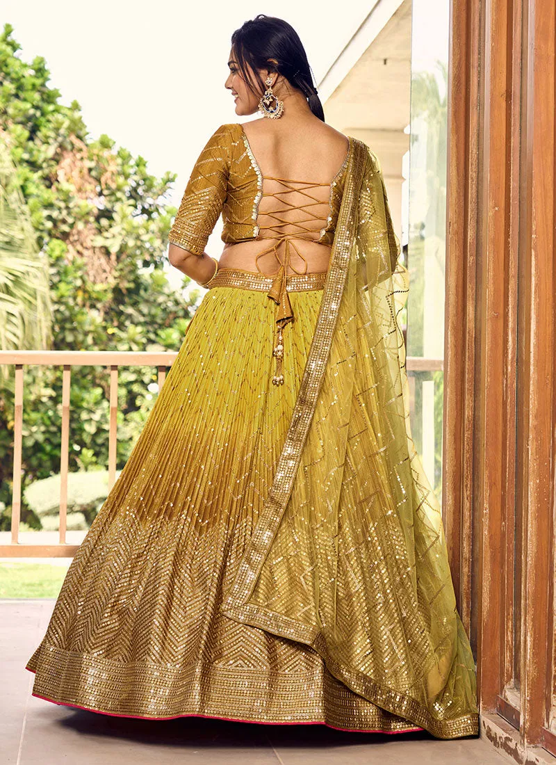 Yellow Ombré Sequence And Thread Embroidery Wedding Lehenga