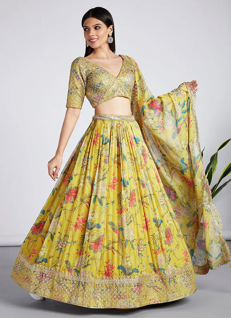 Yellow Sequence Embroidery Printed Lehenga Choli And Dupatta