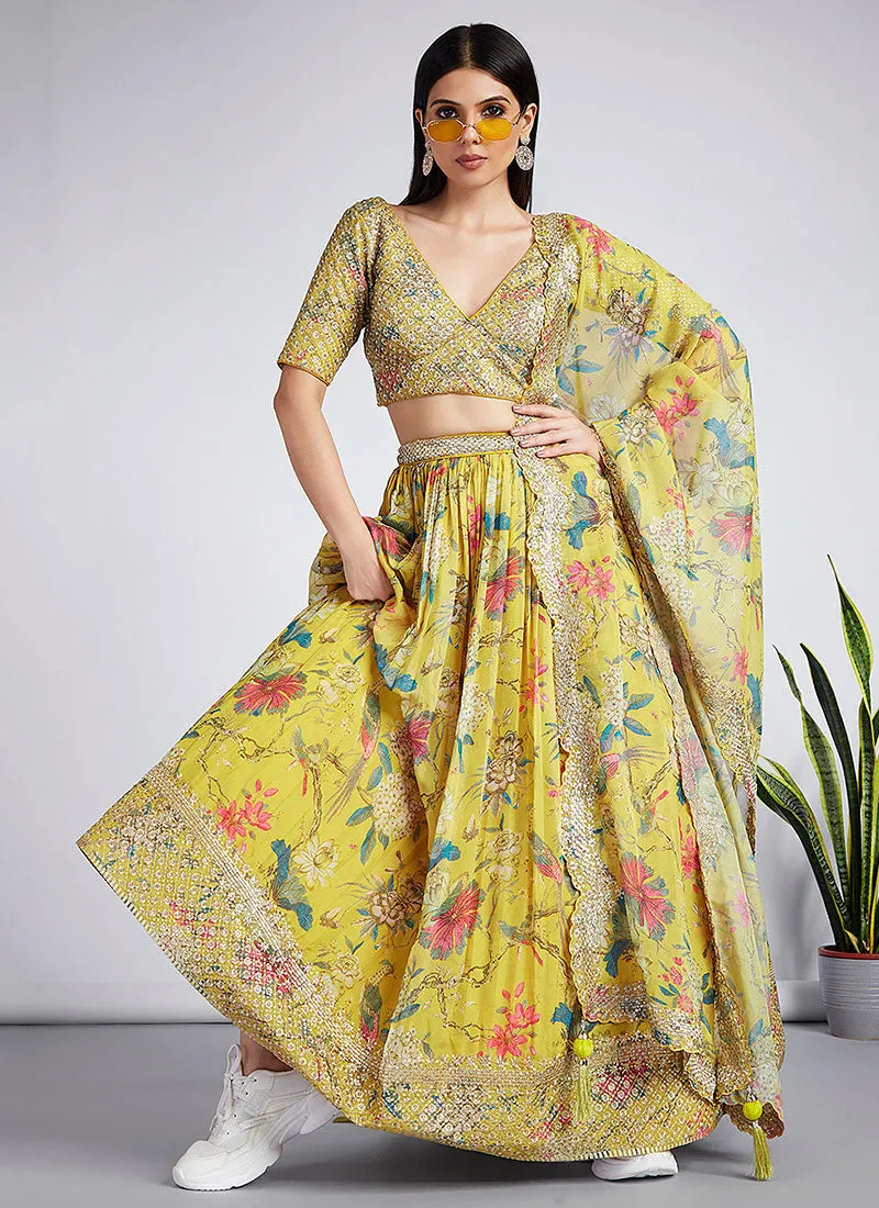 Yellow Sequence Embroidery Printed Lehenga Choli And Dupatta