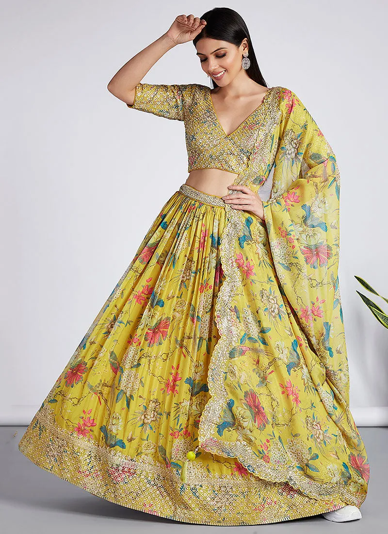 Yellow Sequence Embroidery Printed Lehenga Choli And Dupatta