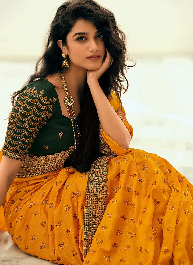 Yellow Sequence Embroidery Wedding Silk Saree